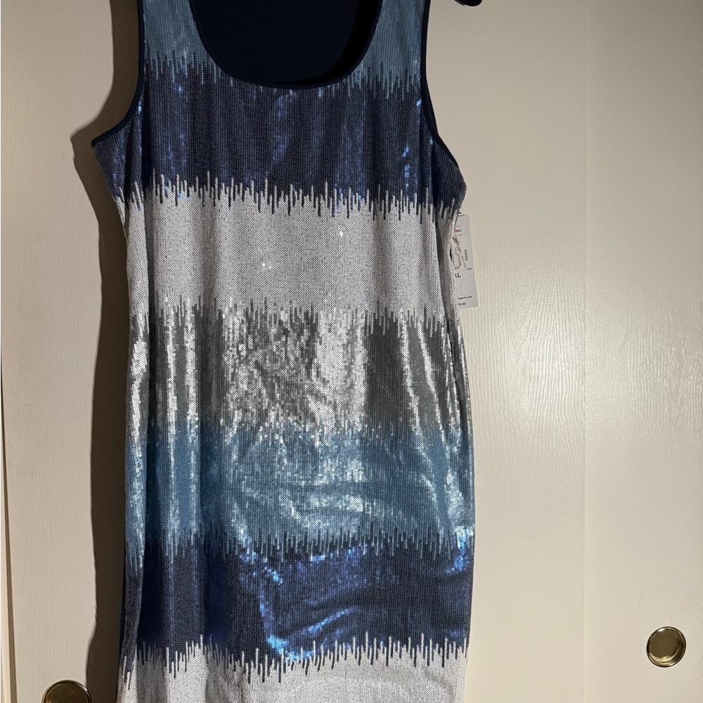 Peter Nygard Multi-Blue, White and Silver Sleeveless Sequin Dress